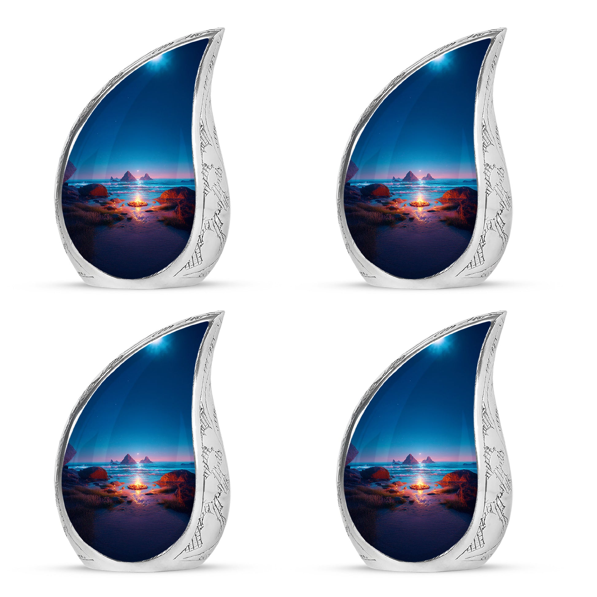 Sky Blue Campfire Cremation Urn close-up of engraving and surface detail - rounded teardrop campfire design with delicate detail - 10 inch aluminum urn for cremated remains
