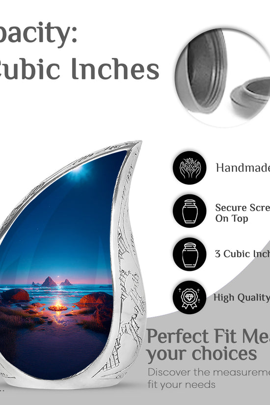 Misty Blue Campfire Cremation Urn angled view of lid and engraved motif - rounded teardrop campfire design with delicate detail - mini keepsake memorial for portion of cremation ashes