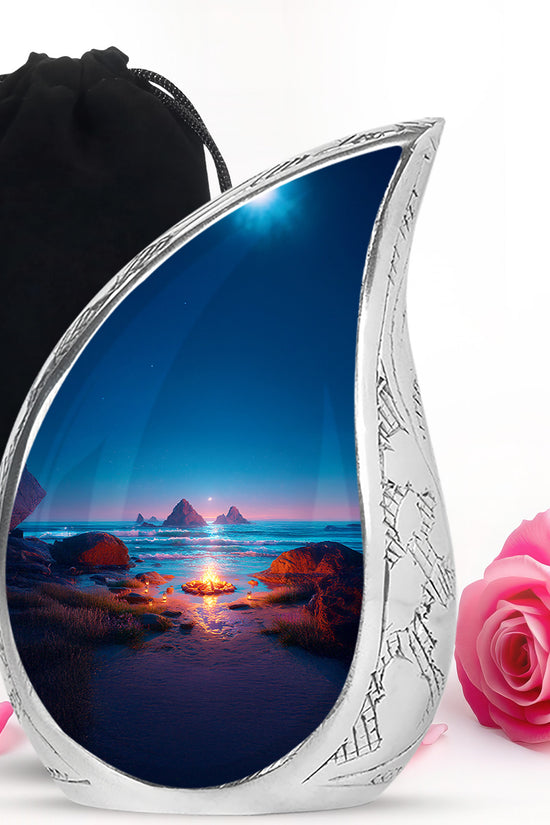 Azure Campfire Cremation Urn front view showing detailed design - rounded teardrop campfire design with delicate detail - full-size 10 inch 200 cubic inch adult cremation urn