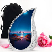 Azure Campfire Cremation Urn front view showing detailed design - rounded teardrop campfire design with delicate detail - full-size 10 inch 200 cubic inch adult cremation urn