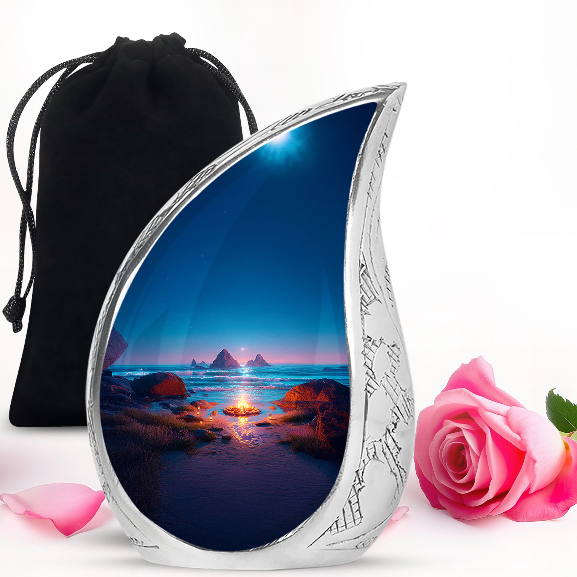 Azure Campfire Cremation Urn front view showing detailed design - rounded teardrop campfire design with delicate detail - full-size 10 inch 200 cubic inch adult cremation urn