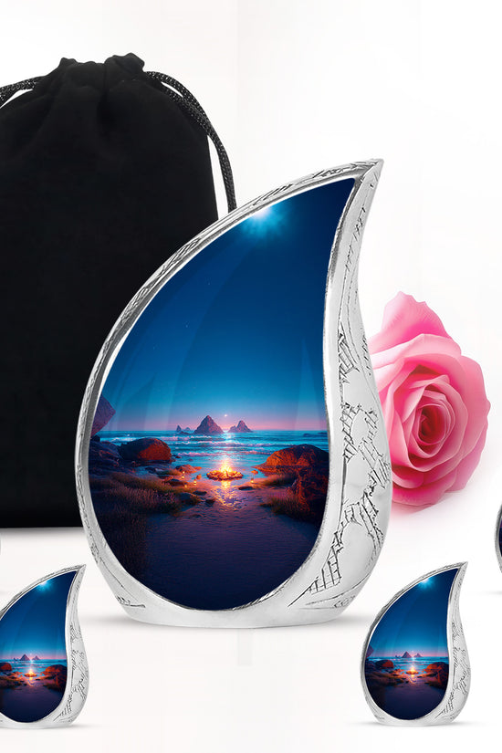 Calming Blue Campfire Cremation Urn side profile showing urn shape - smooth teardrop contour featuring campfire art - memorial set with one large and four small urns