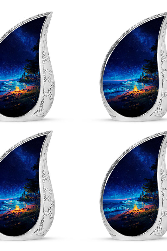 Cobalt Blue Campfire Cremation Urn close-up of engraving and surface detail - smooth teardrop contour featuring campfire art - 10 inch aluminum urn for cremated remains