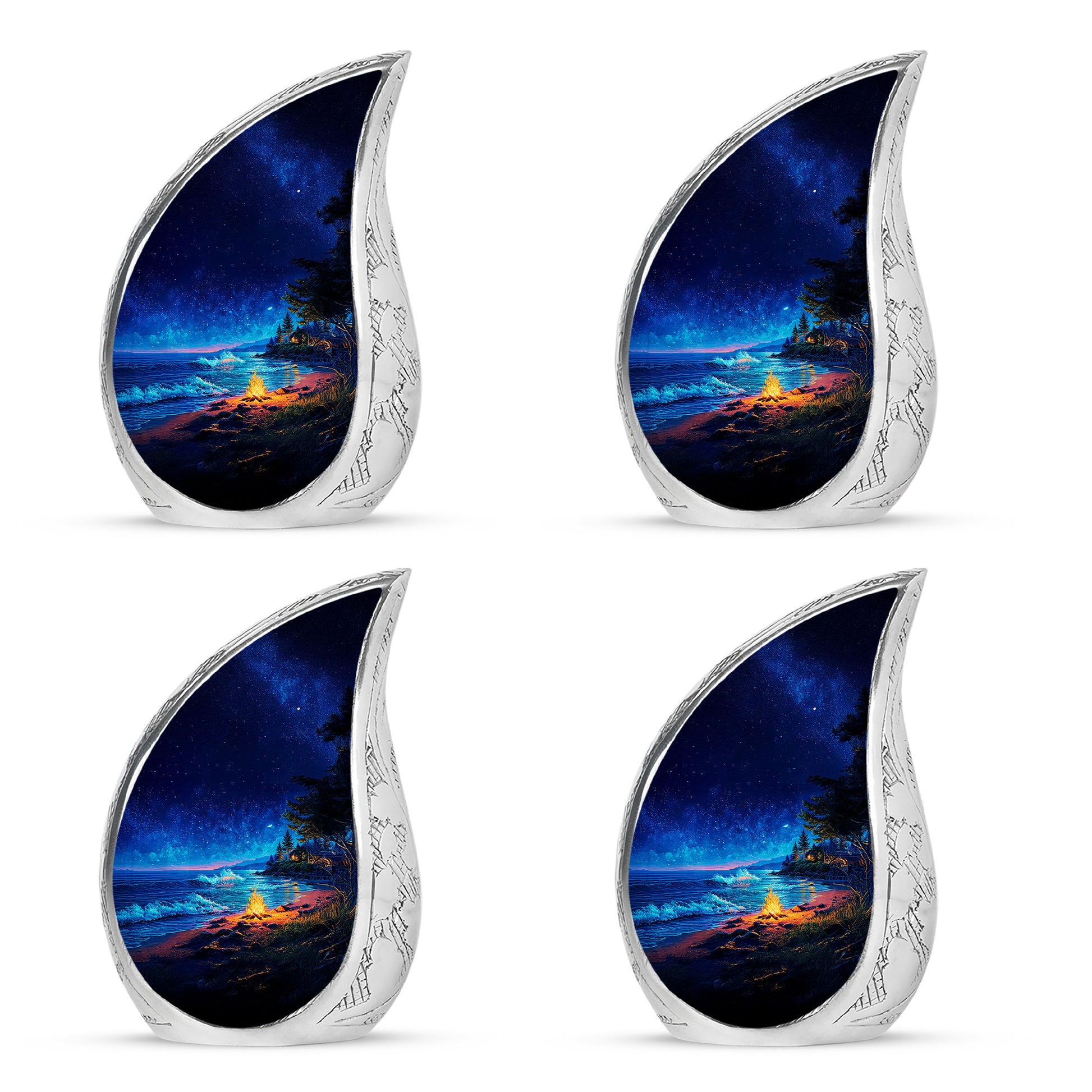 Cobalt Blue Campfire Cremation Urn close-up of engraving and surface detail - smooth teardrop contour featuring campfire art - 10 inch aluminum urn for cremated remains