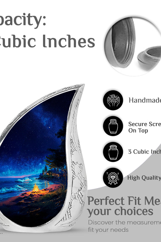 Calming Blue Campfire Cremation Urn angled view of lid and engraved motif - smooth teardrop contour featuring campfire art - mini keepsake memorial for portion of cremation ashes