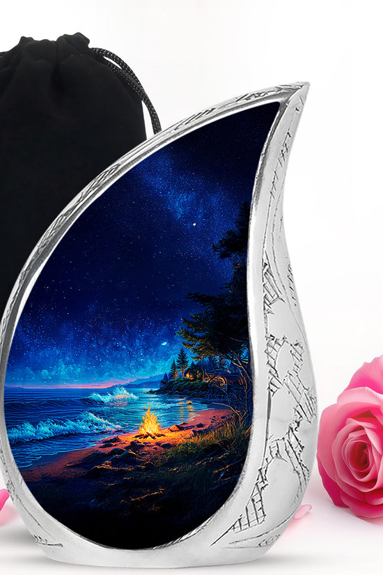 Calming Blue Campfire Cremation Urn front view showing detailed design - graceful tear-shaped urn with campfire motif - full-size 10 inch 200 cubic inch adult cremation urn