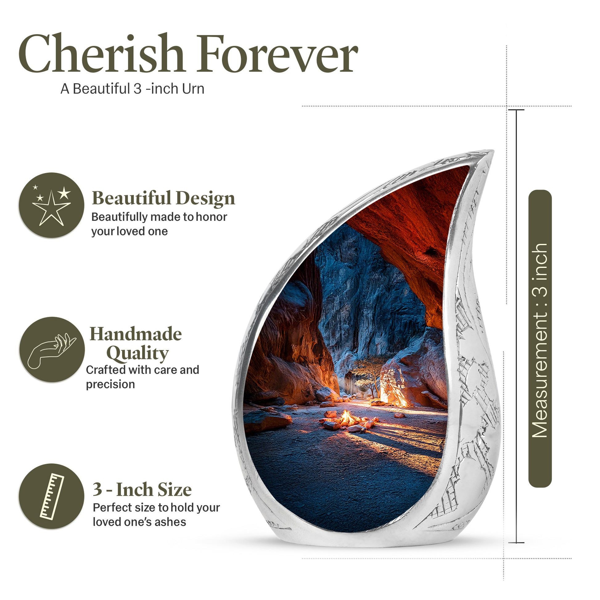 Serene Blue Campfire Cremation Urn angled view of lid and engraved motif - smooth teardrop contour featuring campfire art - mini keepsake memorial for portion of cremation ashes