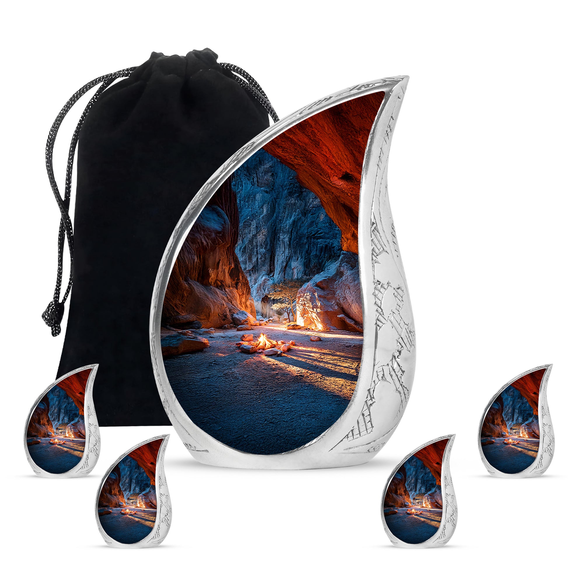 Dusty Blue Campfire Cremation Urn side profile showing urn shape - rounded teardrop campfire design with delicate detail - memorial set with one large and four small urns