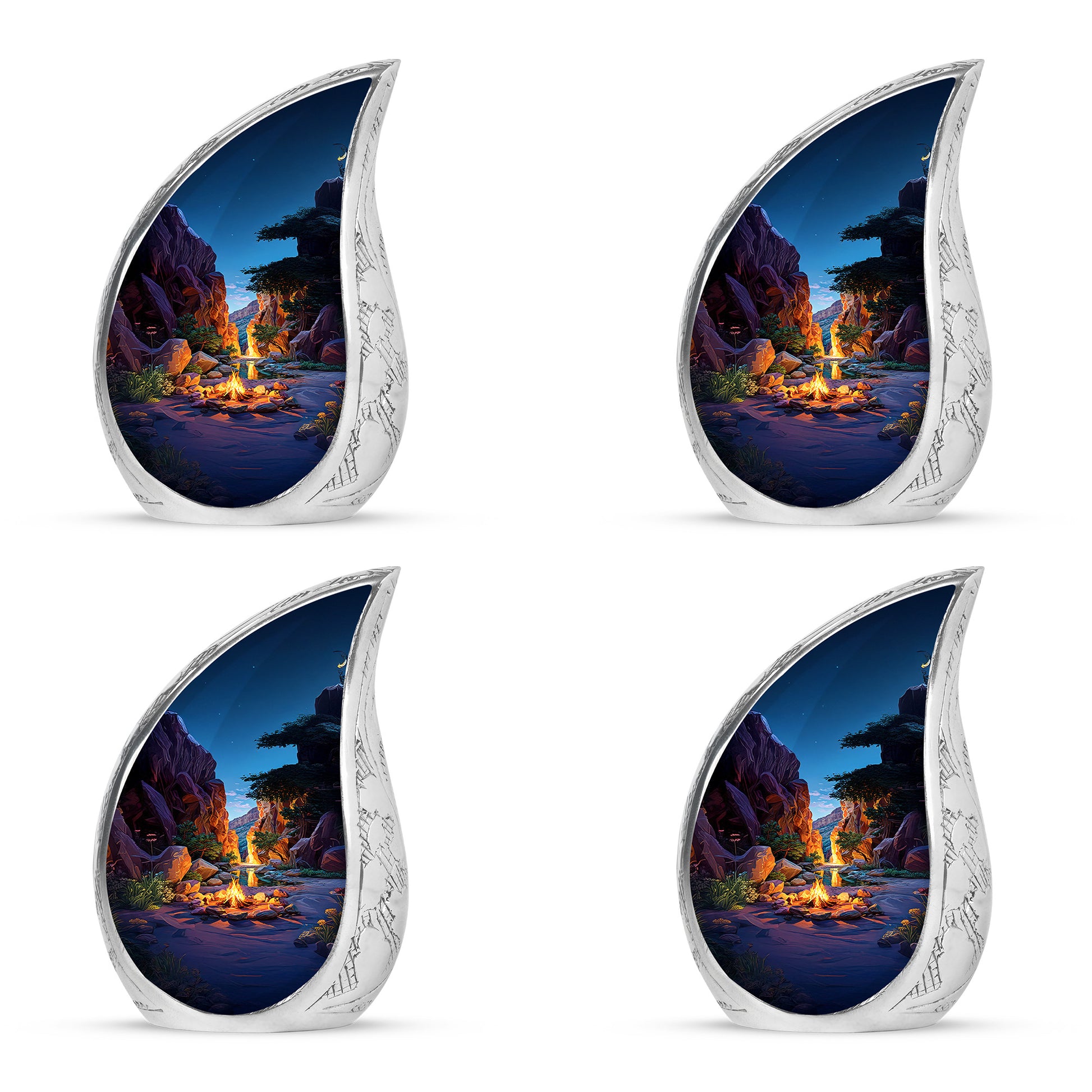Royal Blue Campfire Cremation Urn close-up of engraving and surface detail - graceful tear-shaped urn with campfire motif - 10 inch aluminum urn for cremated remains