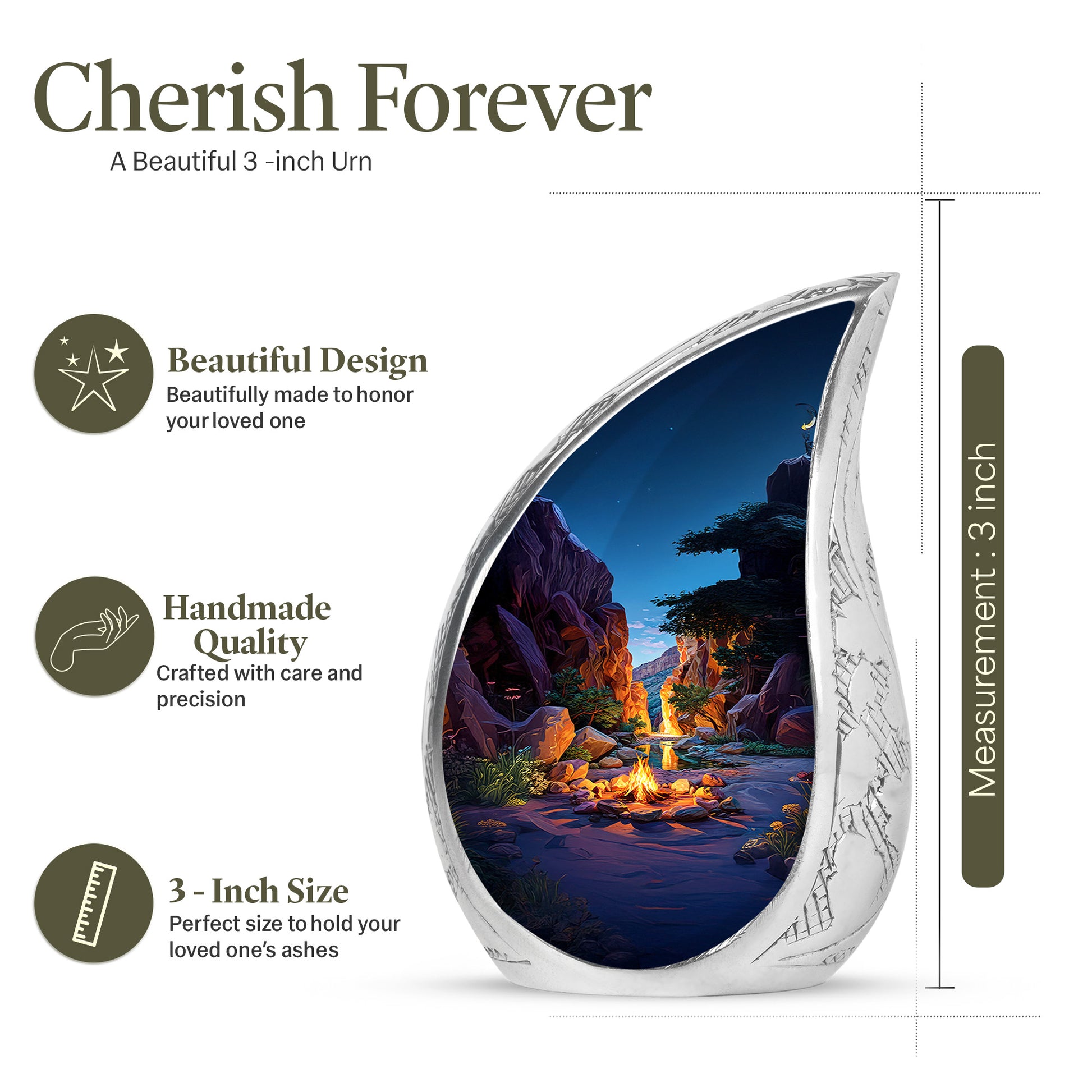 Calming Blue Campfire Cremation Urn angled view of lid and engraved motif - smooth teardrop contour featuring campfire art - mini keepsake memorial for portion of cremation ashes