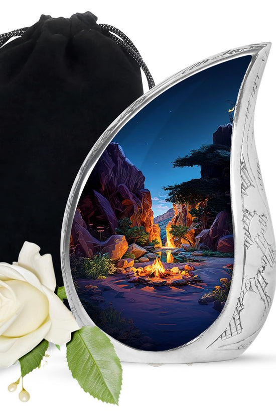 Sky Blue Campfire Cremation Urn front view showing detailed design - flowing teardrop campfire silhouette on curved aluminum - full-size 10 inch 200 cubic inch adult cremation urn