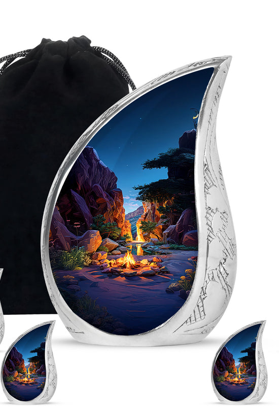 Sky Blue Campfire Cremation Urn side profile showing urn shape - rounded teardrop campfire design with delicate detail - memorial set with one large and four small urns