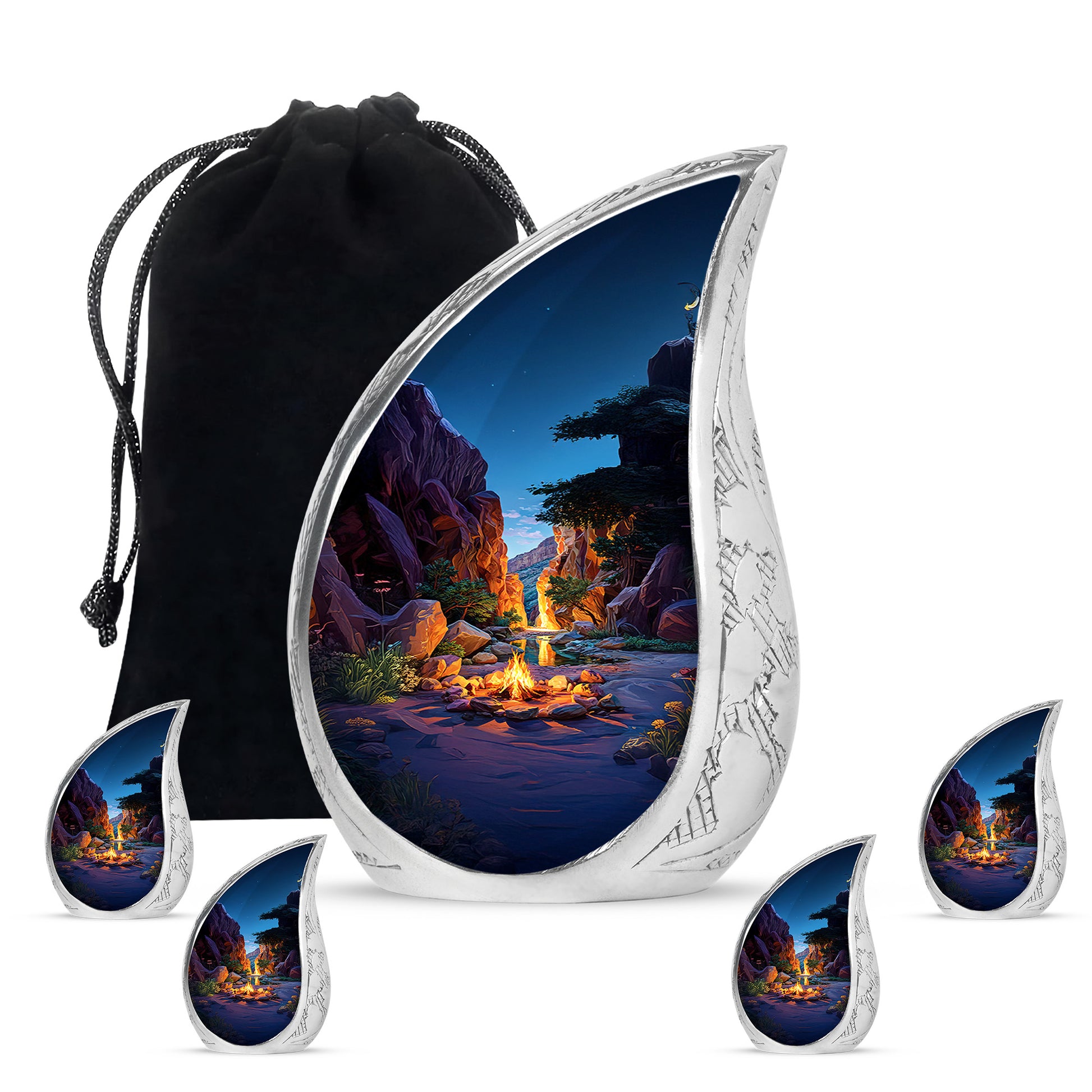 Sky Blue Campfire Cremation Urn side profile showing urn shape - rounded teardrop campfire design with delicate detail - memorial set with one large and four small urns
