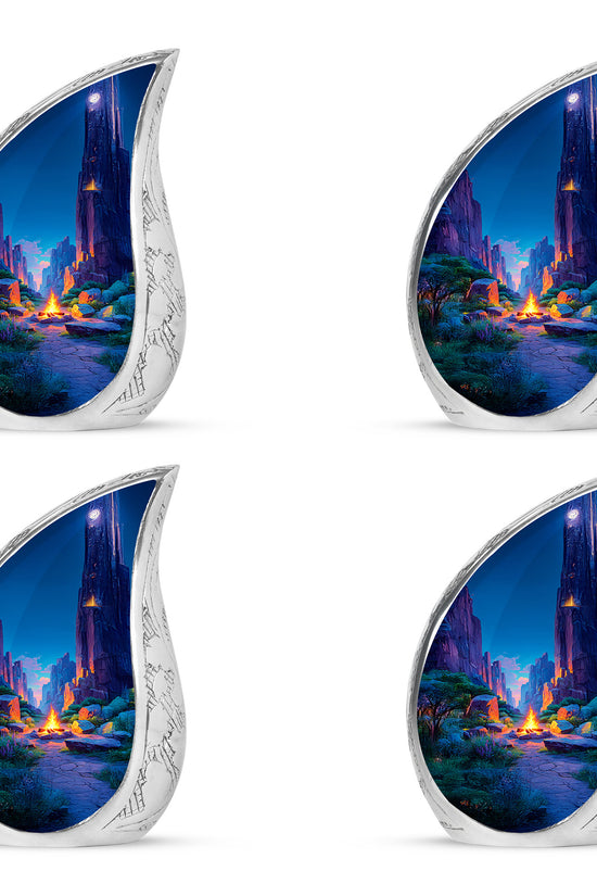 Misty Blue Campfire Cremation Urn close-up of engraving and surface detail - flowing teardrop campfire silhouette on curved aluminum - 10 inch aluminum urn for cremated remains