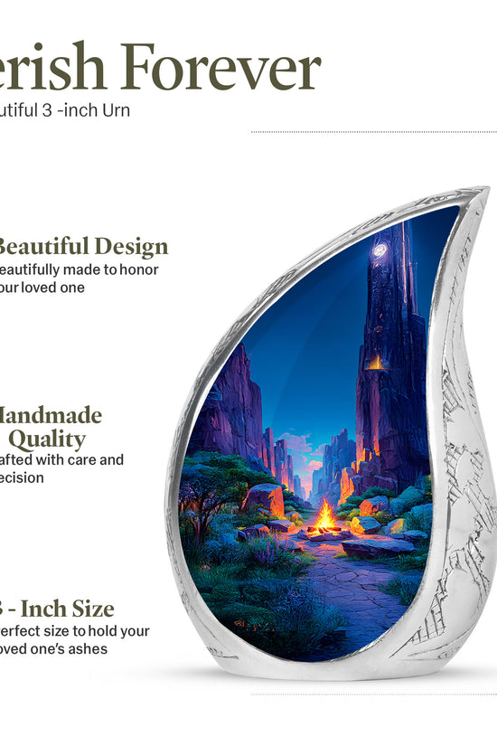 Calming Blue Campfire Cremation Urn angled view of lid and engraved motif - graceful tear-shaped urn with campfire motif - mini keepsake memorial for portion of cremation ashes