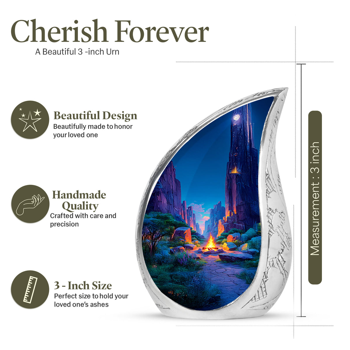 Calming Blue Campfire Cremation Urn angled view of lid and engraved motif - graceful tear-shaped urn with campfire motif - mini keepsake memorial for portion of cremation ashes