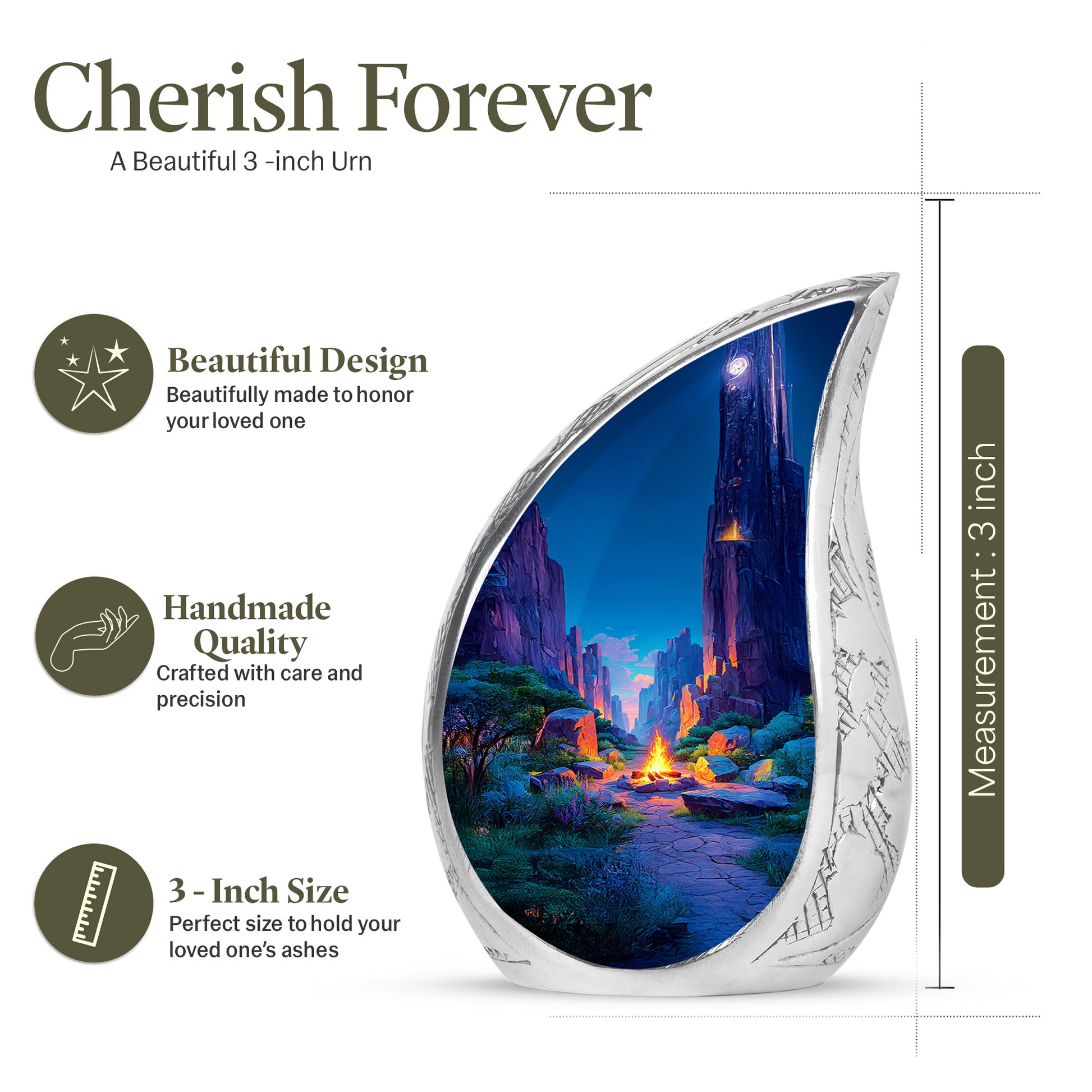 Calming Blue Campfire Cremation Urn angled view of lid and engraved motif - graceful tear-shaped urn with campfire motif - mini keepsake memorial for portion of cremation ashes