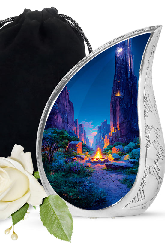 Icy Blue Campfire Cremation Urn front view showing detailed design - flowing teardrop campfire silhouette on curved aluminum - full-size 10 inch 200 cubic inch adult cremation urn