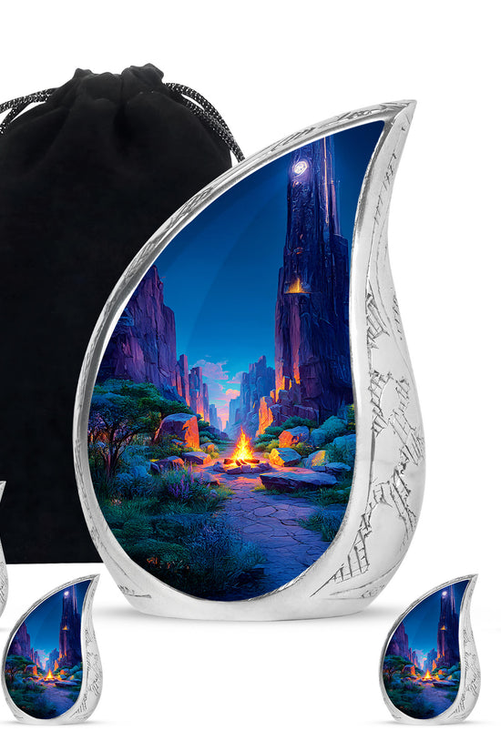 Royal Blue Campfire Cremation Urn side profile showing urn shape - graceful tear-shaped urn with campfire motif - memorial set with one large and four small urns