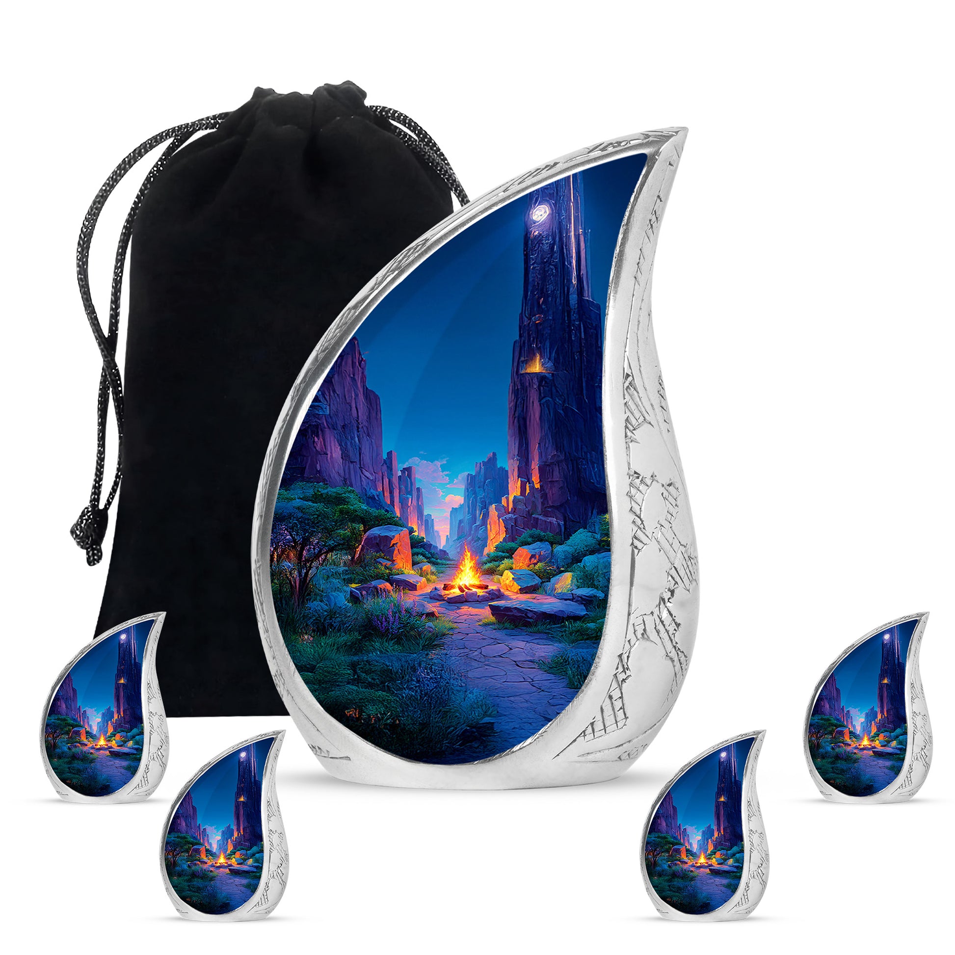 Royal Blue Campfire Cremation Urn side profile showing urn shape - graceful tear-shaped urn with campfire motif - memorial set with one large and four small urns