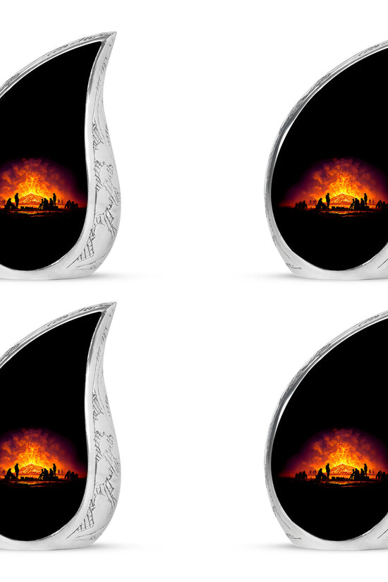 Ebony Campfire Cremation Urn close-up of engraving and surface detail - flowing teardrop campfire silhouette on curved aluminum - 10 inch aluminum urn for cremated remains