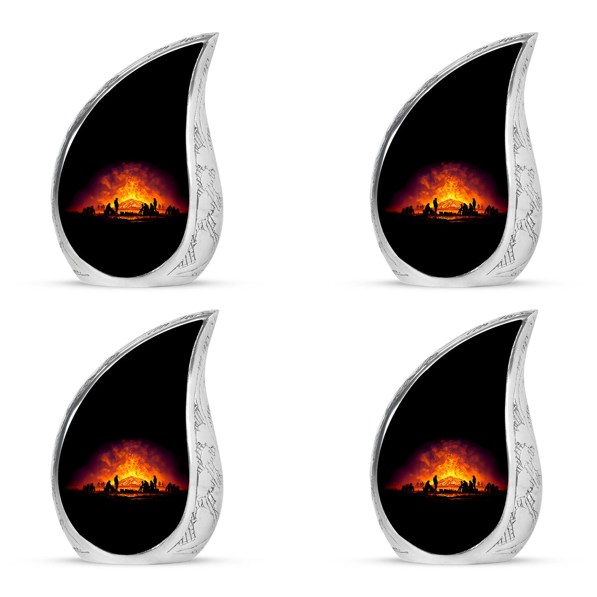 Ebony Campfire Cremation Urn close-up of engraving and surface detail - flowing teardrop campfire silhouette on curved aluminum - 10 inch aluminum urn for cremated remains