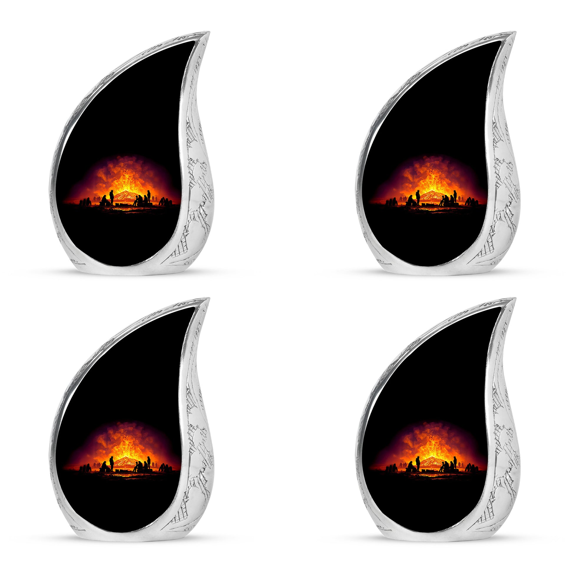 Ebony Campfire Cremation Urn close-up of engraving and surface detail - flowing teardrop campfire silhouette on curved aluminum - 10 inch aluminum urn for cremated remains