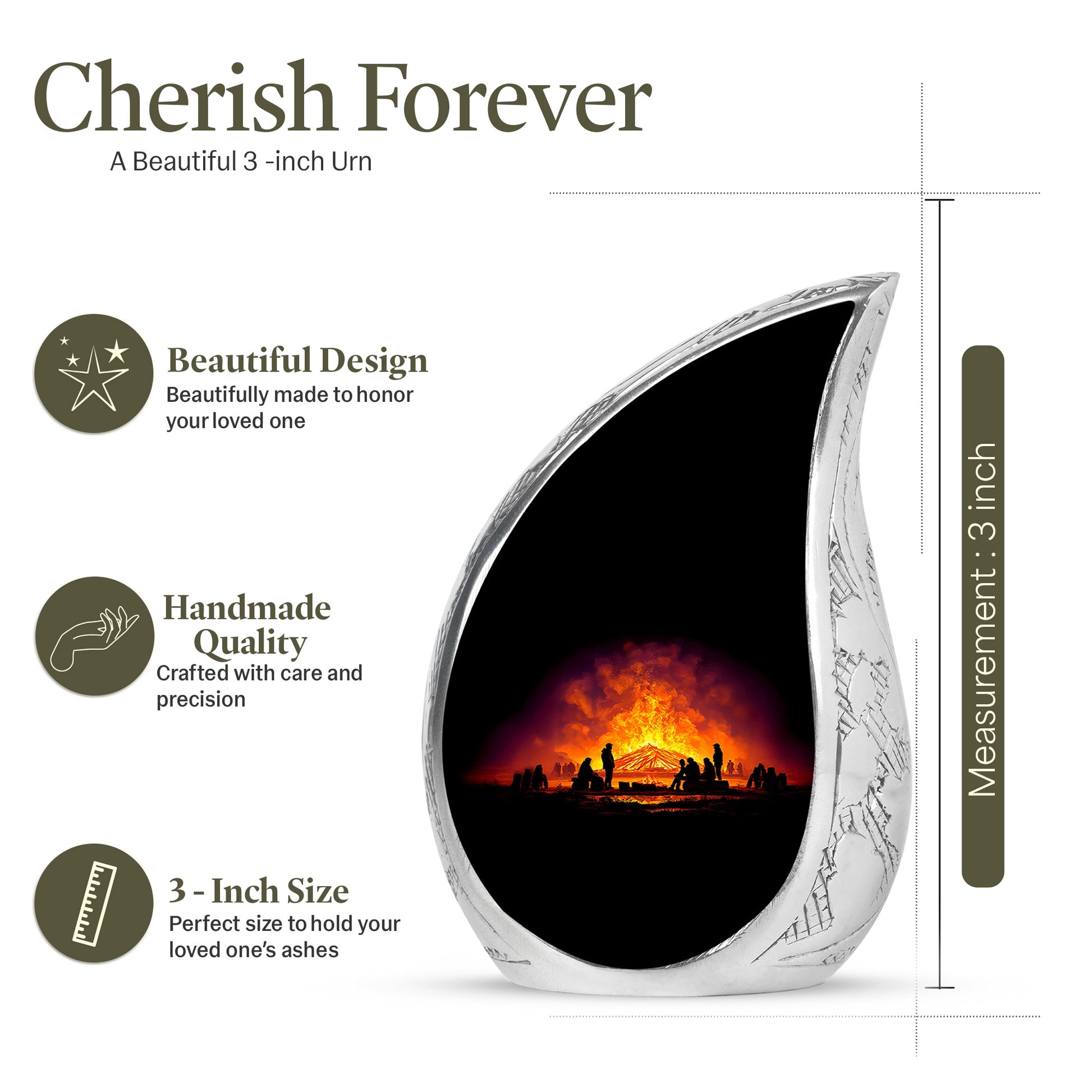 Deep Black Campfire Cremation Urn angled view of lid and engraved motif - flowing teardrop campfire silhouette on curved aluminum - mini keepsake memorial for portion of cremation ashes