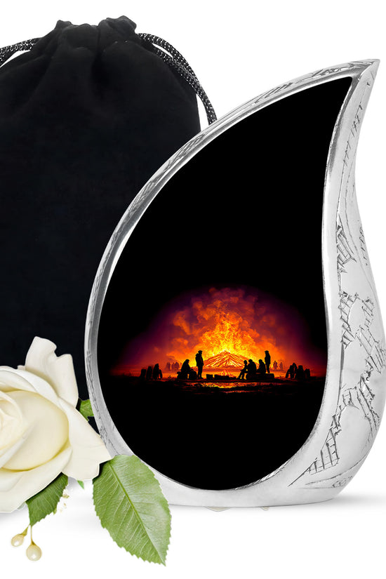 Rich Black Campfire Cremation Urn front view showing detailed design - rounded teardrop campfire design with delicate detail - full-size 10 inch 200 cubic inch adult cremation urn