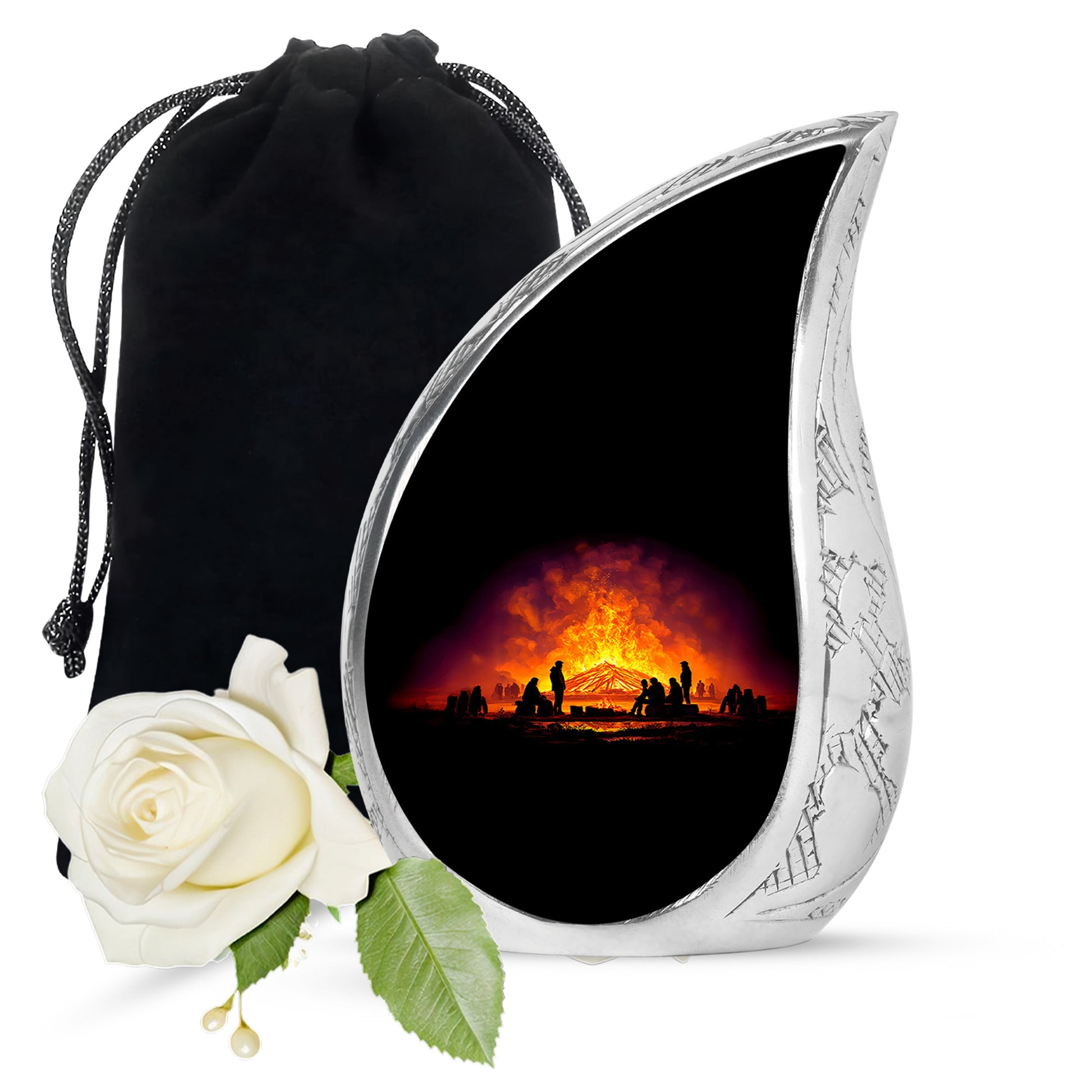 Rich Black Campfire Cremation Urn front view showing detailed design - rounded teardrop campfire design with delicate detail - full-size 10 inch 200 cubic inch adult cremation urn