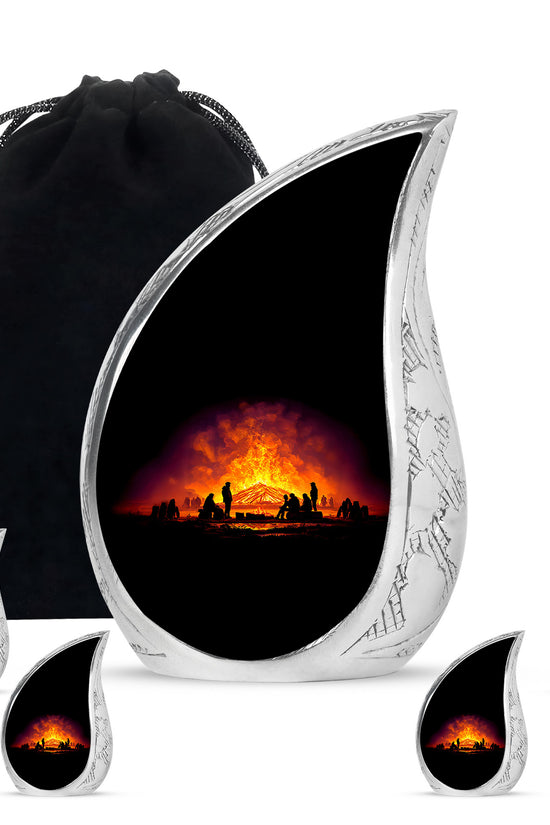 Glossy Black Campfire Cremation Urn side profile showing urn shape - rounded teardrop campfire design with delicate detail - memorial set with one large and four small urns