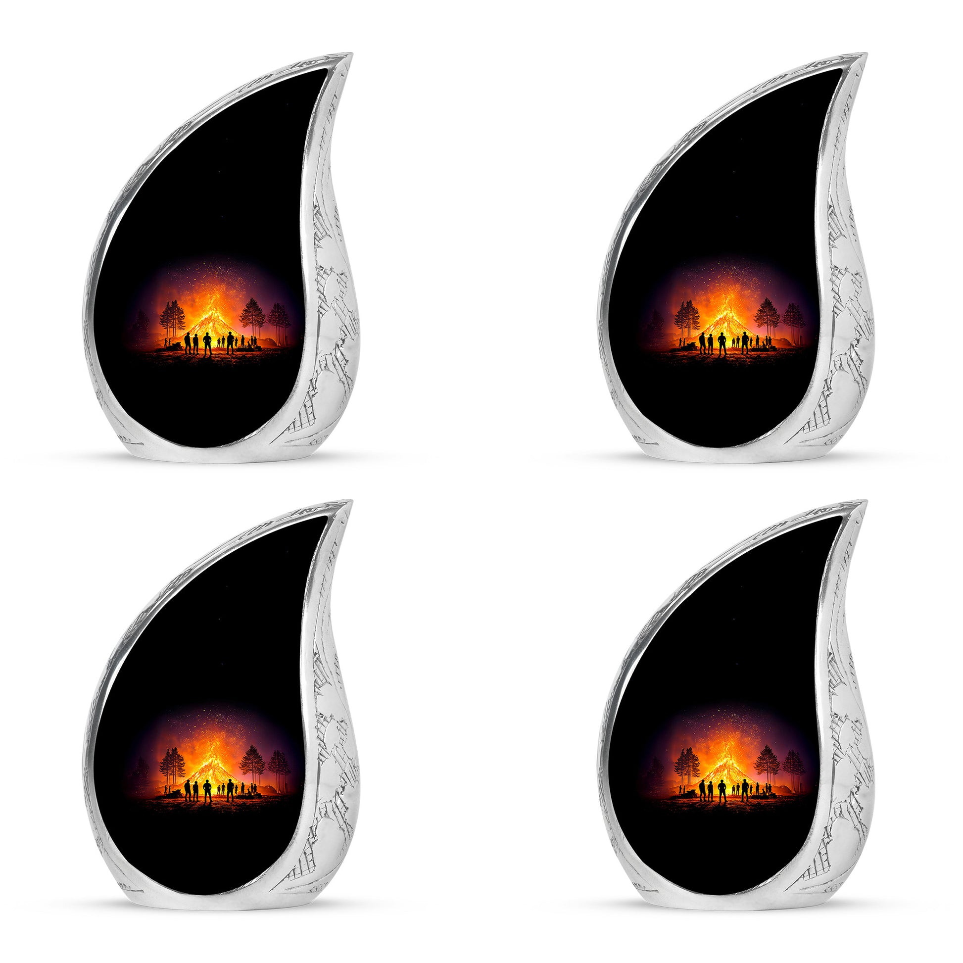 Onyx Black Campfire Cremation Urn close-up of engraving and surface detail - smooth teardrop contour featuring campfire art - 10 inch aluminum urn for cremated remains