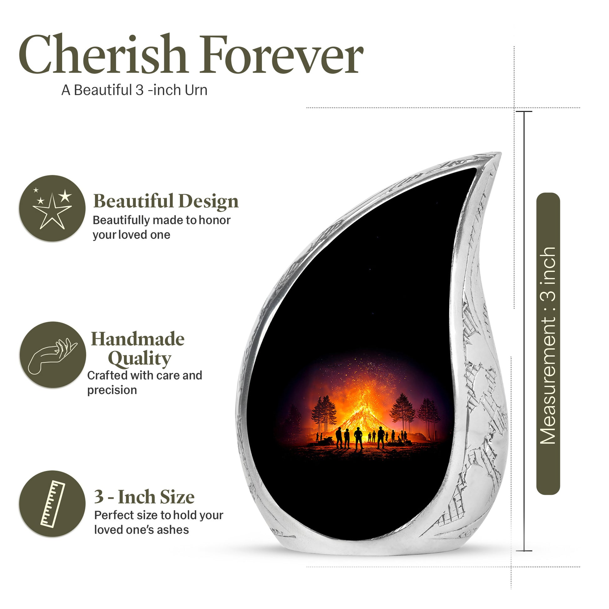 Charcoal Black Campfire Cremation Urn angled view of lid and engraved motif - graceful tear-shaped urn with campfire motif - mini keepsake memorial for portion of cremation ashes