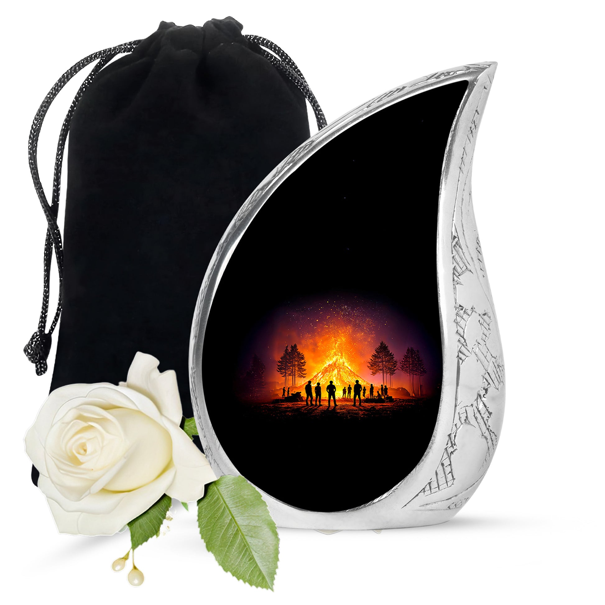Deep Black Campfire Cremation Urn front view showing detailed design - rounded teardrop campfire design with delicate detail - full-size 10 inch 200 cubic inch adult cremation urn