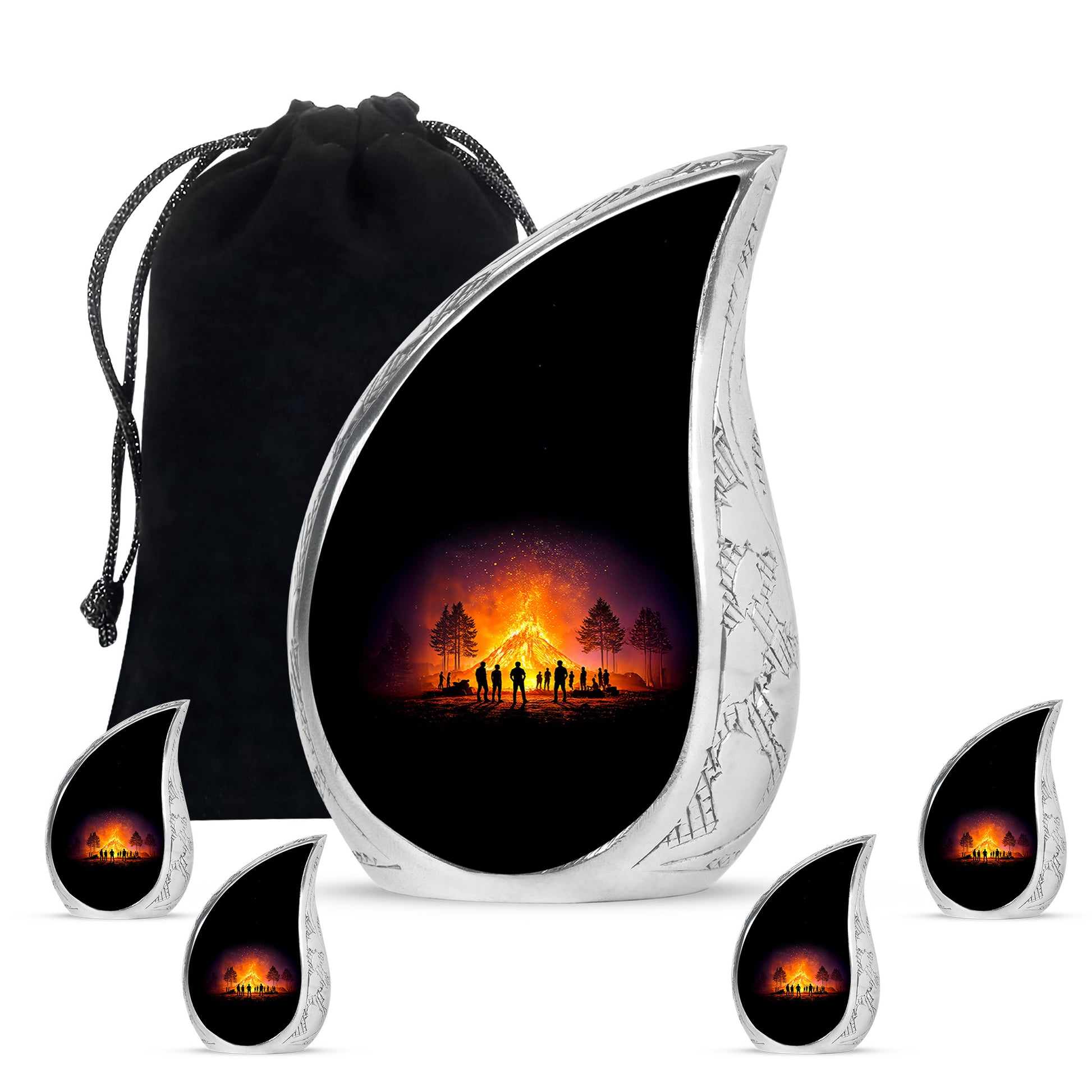 Glossy Black Campfire Cremation Urn side profile showing urn shape - flowing teardrop campfire silhouette on curved aluminum - memorial set with one large and four small urns
