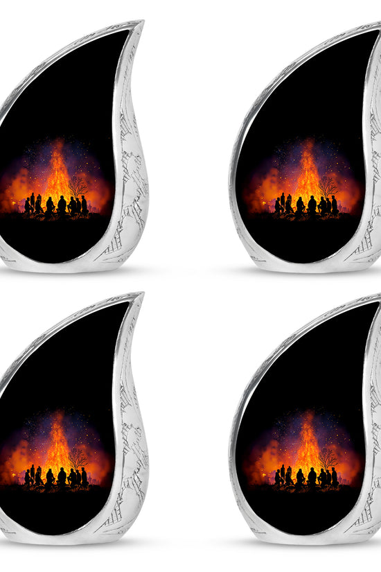 Ebony Campfire Cremation Urn close-up of engraving and surface detail - rounded teardrop campfire design with delicate detail - 10 inch aluminum urn for cremated remains