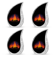Ebony Campfire Cremation Urn close-up of engraving and surface detail - rounded teardrop campfire design with delicate detail - 10 inch aluminum urn for cremated remains