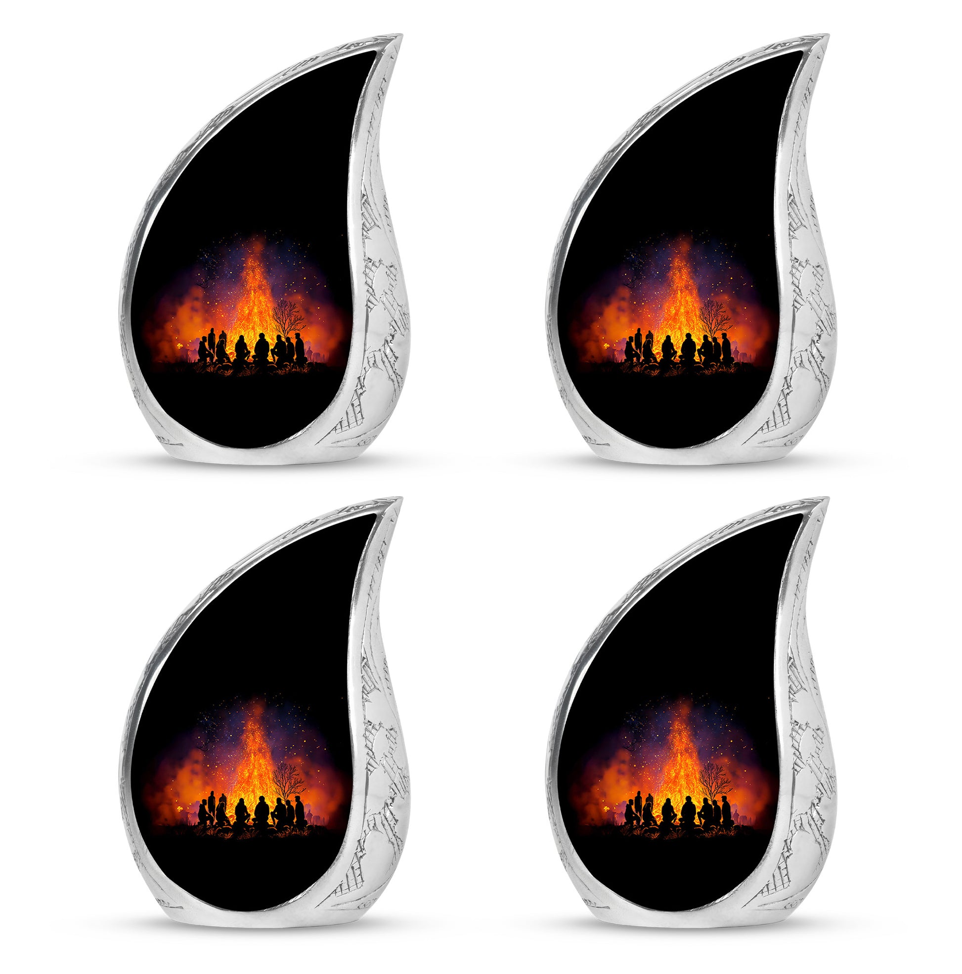 Ebony Campfire Cremation Urn close-up of engraving and surface detail - rounded teardrop campfire design with delicate detail - 10 inch aluminum urn for cremated remains
