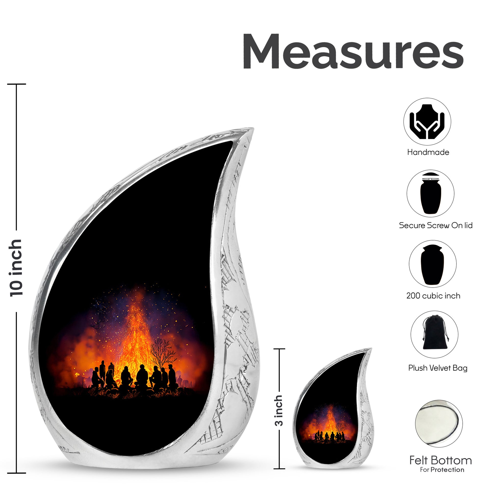 Midnight Black Campfire Cremation Urn angled view of lid and engraved motif - graceful tear-shaped urn with campfire motif - mini keepsake memorial for portion of cremation ashes