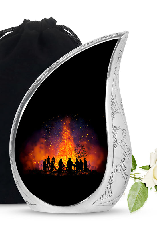 Obsidian Black Campfire Cremation Urn front view showing detailed design - graceful tear-shaped urn with campfire motif - full-size 10 inch 200 cubic inch adult cremation urn