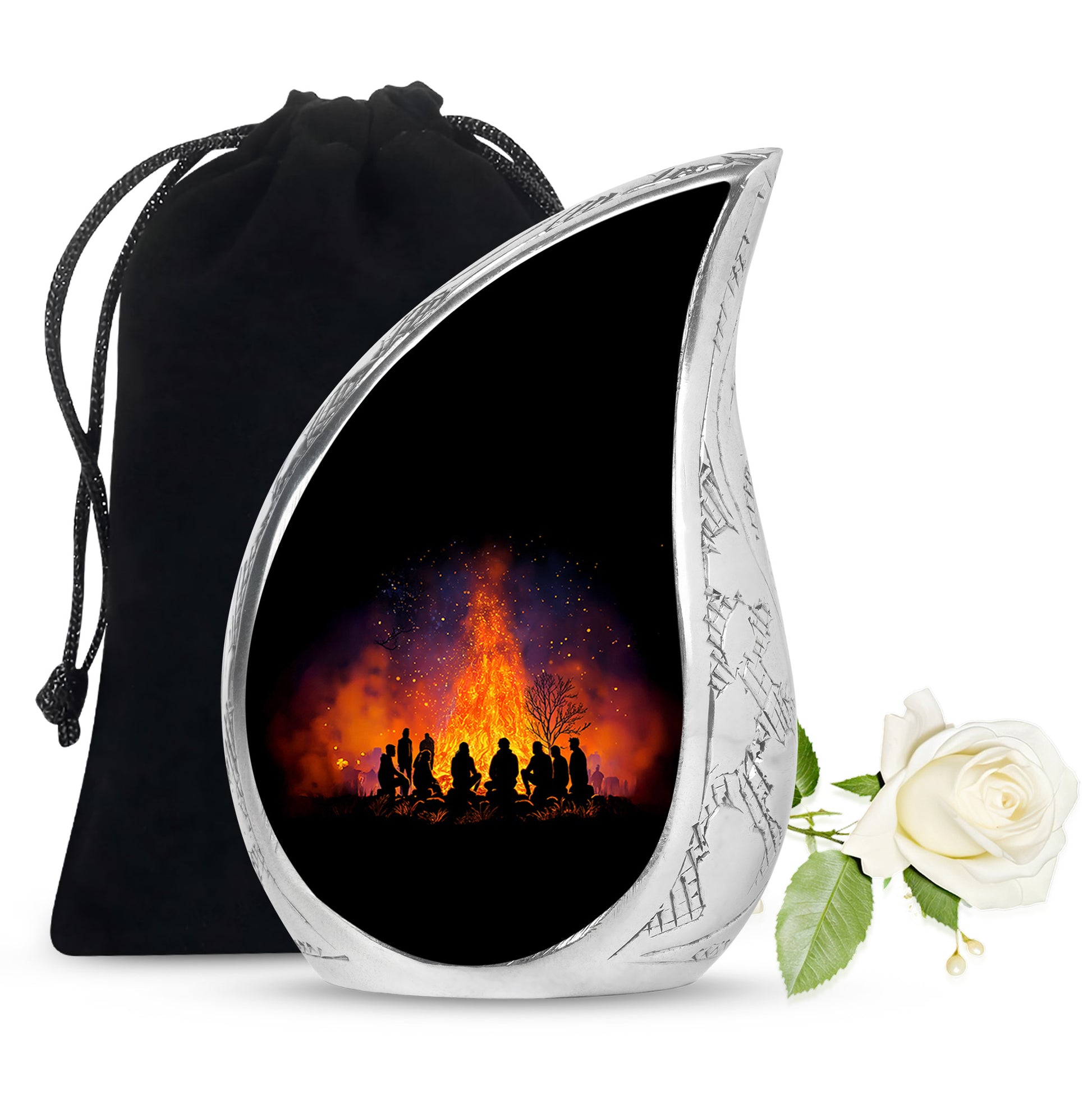 Obsidian Black Campfire Cremation Urn front view showing detailed design - graceful tear-shaped urn with campfire motif - full-size 10 inch 200 cubic inch adult cremation urn