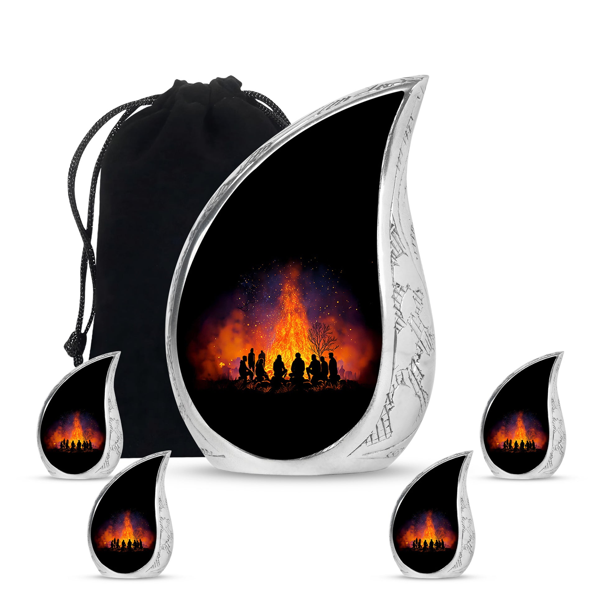 Ebony Campfire Cremation Urn side profile showing urn shape - flowing teardrop campfire silhouette on curved aluminum - memorial set with one large and four small urns