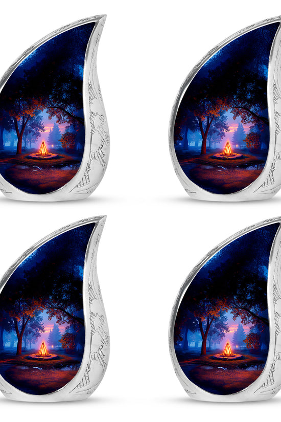 Dark Black Campfire Cremation Urn close-up of engraving and surface detail - graceful tear-shaped urn with campfire motif - 10 inch aluminum urn for cremated remains