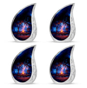 Dark Black Campfire Cremation Urn close-up of engraving and surface detail - graceful tear-shaped urn with campfire motif - 10 inch aluminum urn for cremated remains
