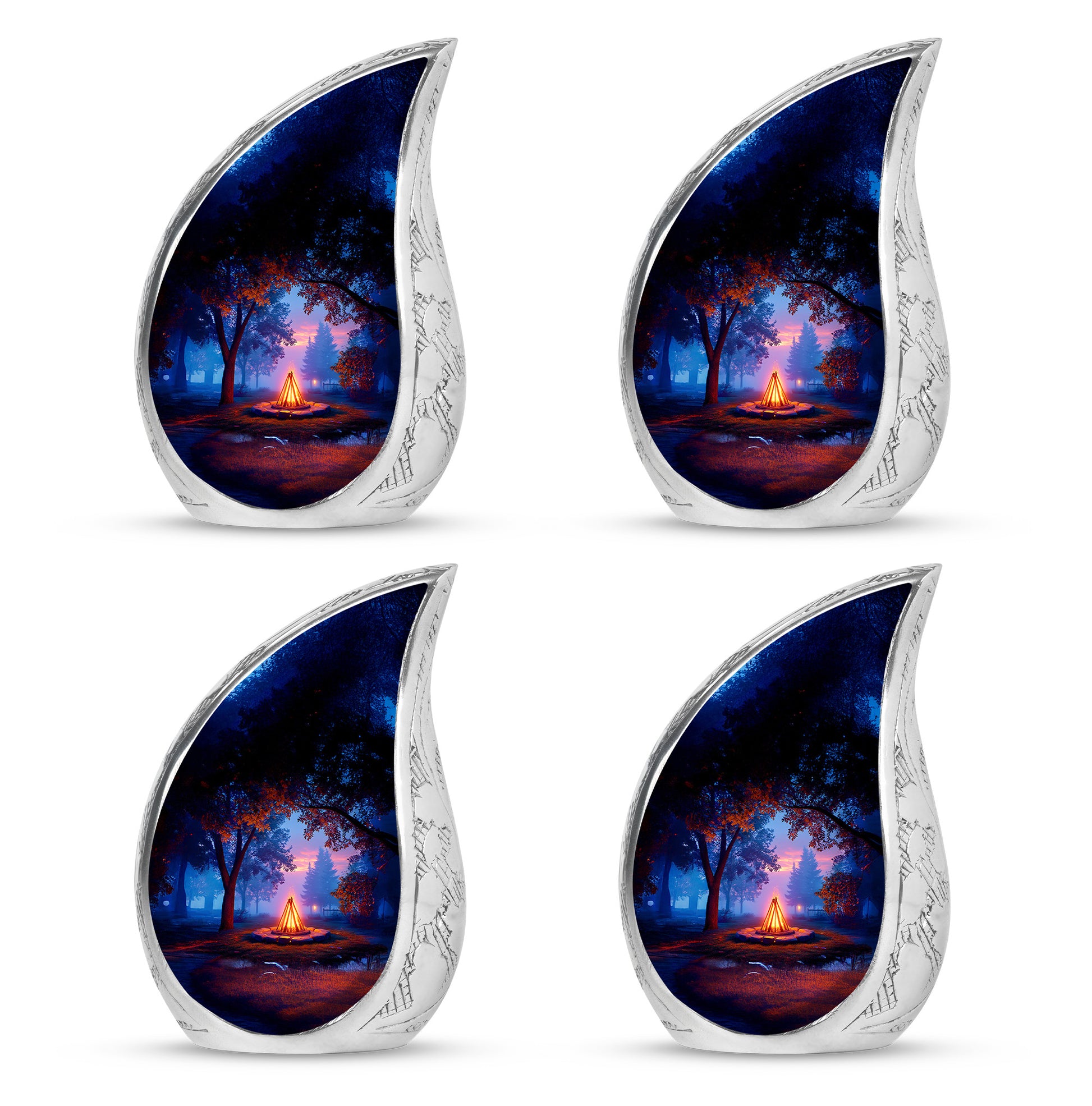 Dark Black Campfire Cremation Urn close-up of engraving and surface detail - graceful tear-shaped urn with campfire motif - 10 inch aluminum urn for cremated remains