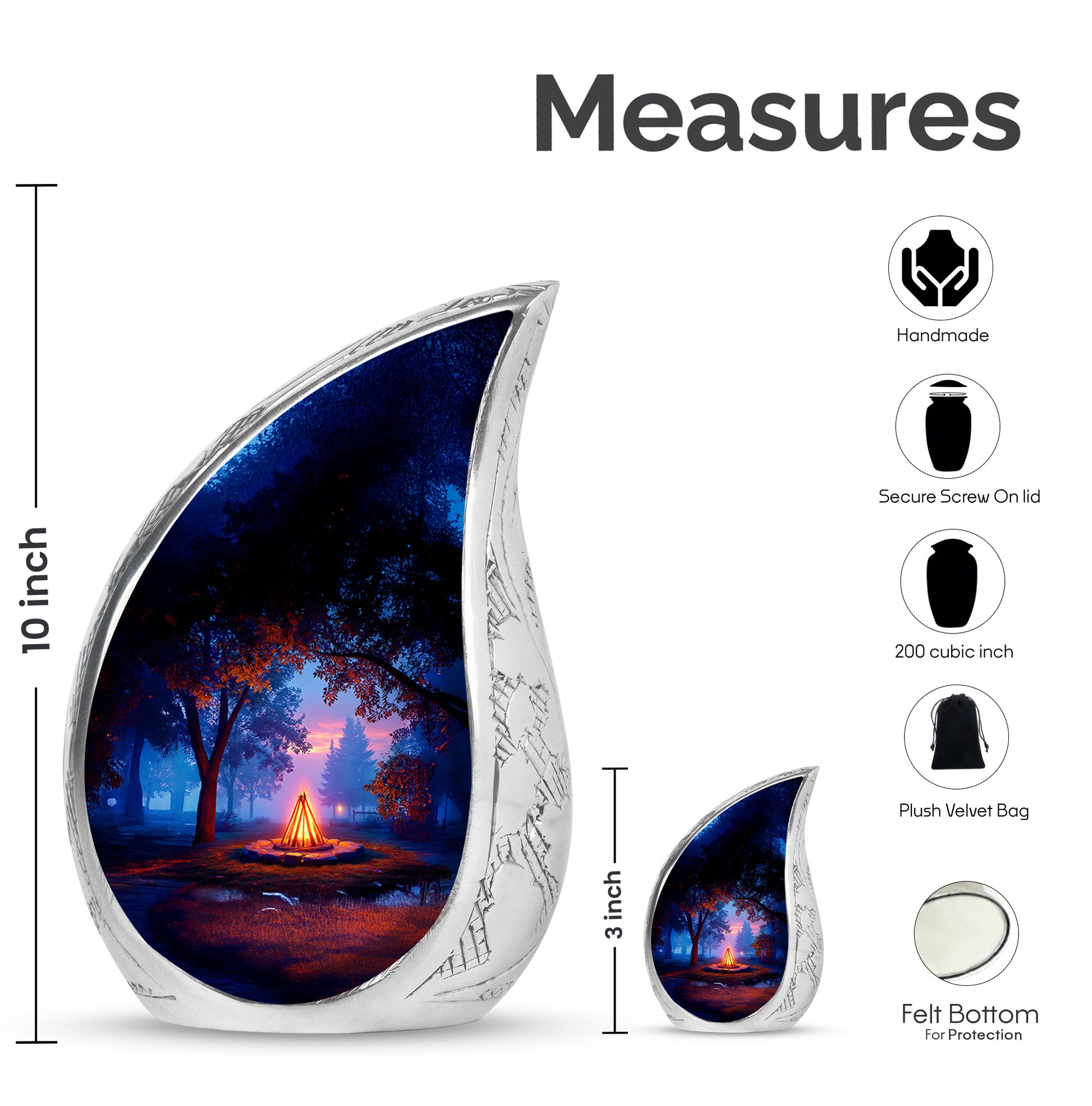 Deep Black Campfire Cremation Urn angled view of lid and engraved motif - rounded teardrop campfire design with delicate detail - mini keepsake memorial for portion of cremation ashes