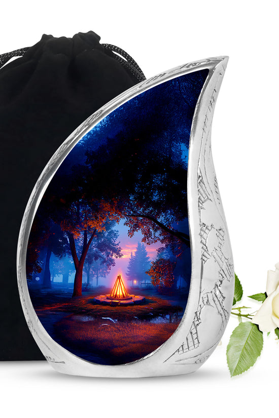 Charcoal Black Campfire Cremation Urn front view showing detailed design - smooth teardrop contour featuring campfire art - full-size 10 inch 200 cubic inch adult cremation urn