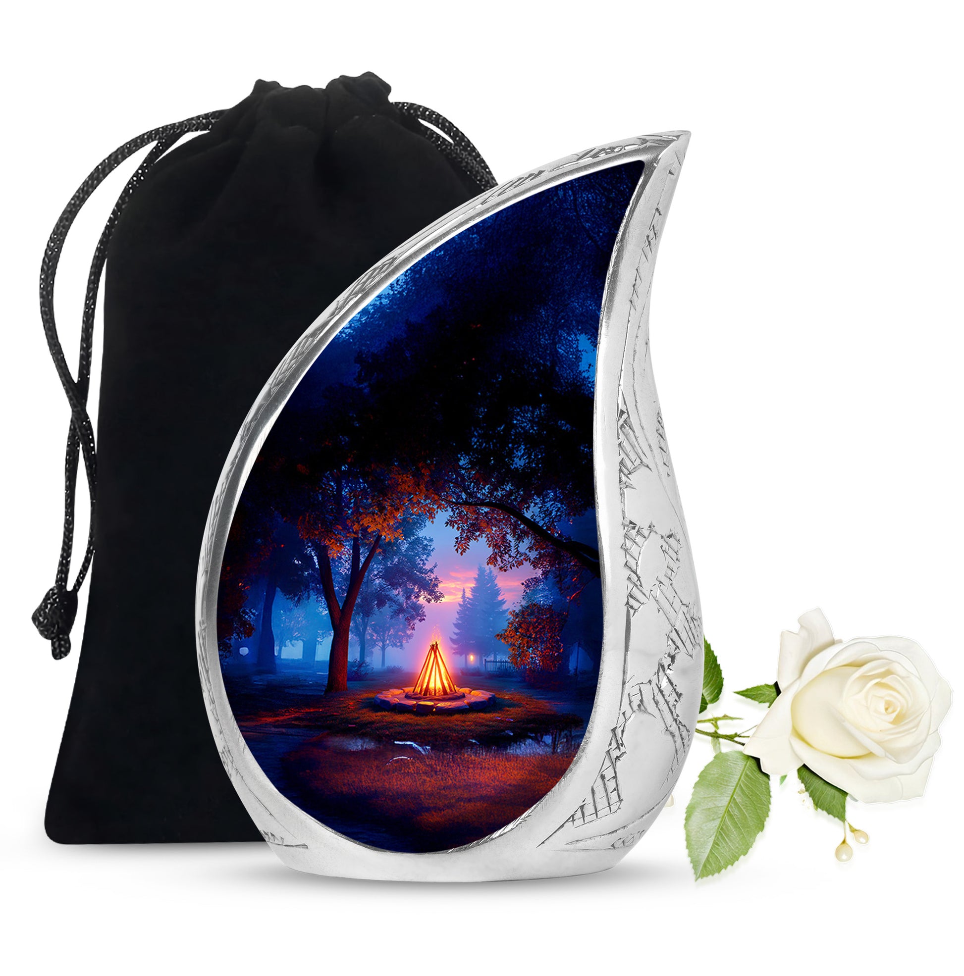 Charcoal Black Campfire Cremation Urn front view showing detailed design - smooth teardrop contour featuring campfire art - full-size 10 inch 200 cubic inch adult cremation urn