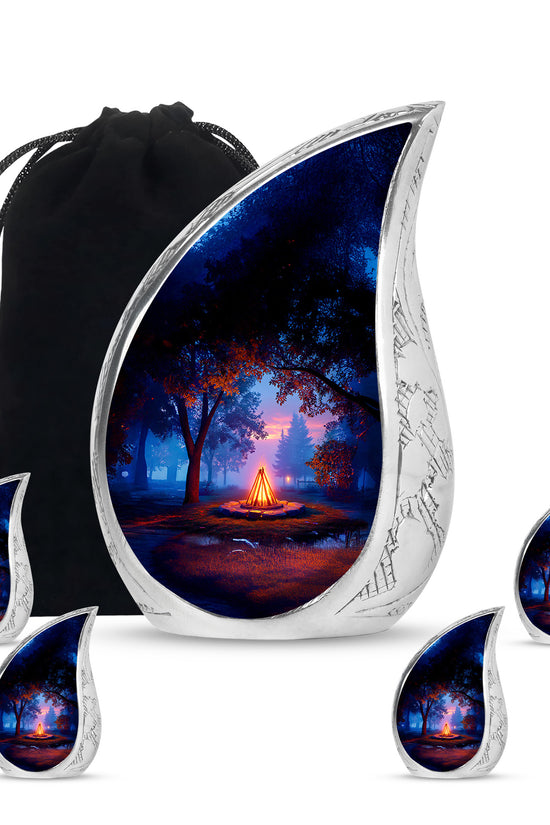Rich Black Campfire Cremation Urn side profile showing urn shape - rounded teardrop campfire design with delicate detail - memorial set with one large and four small urns