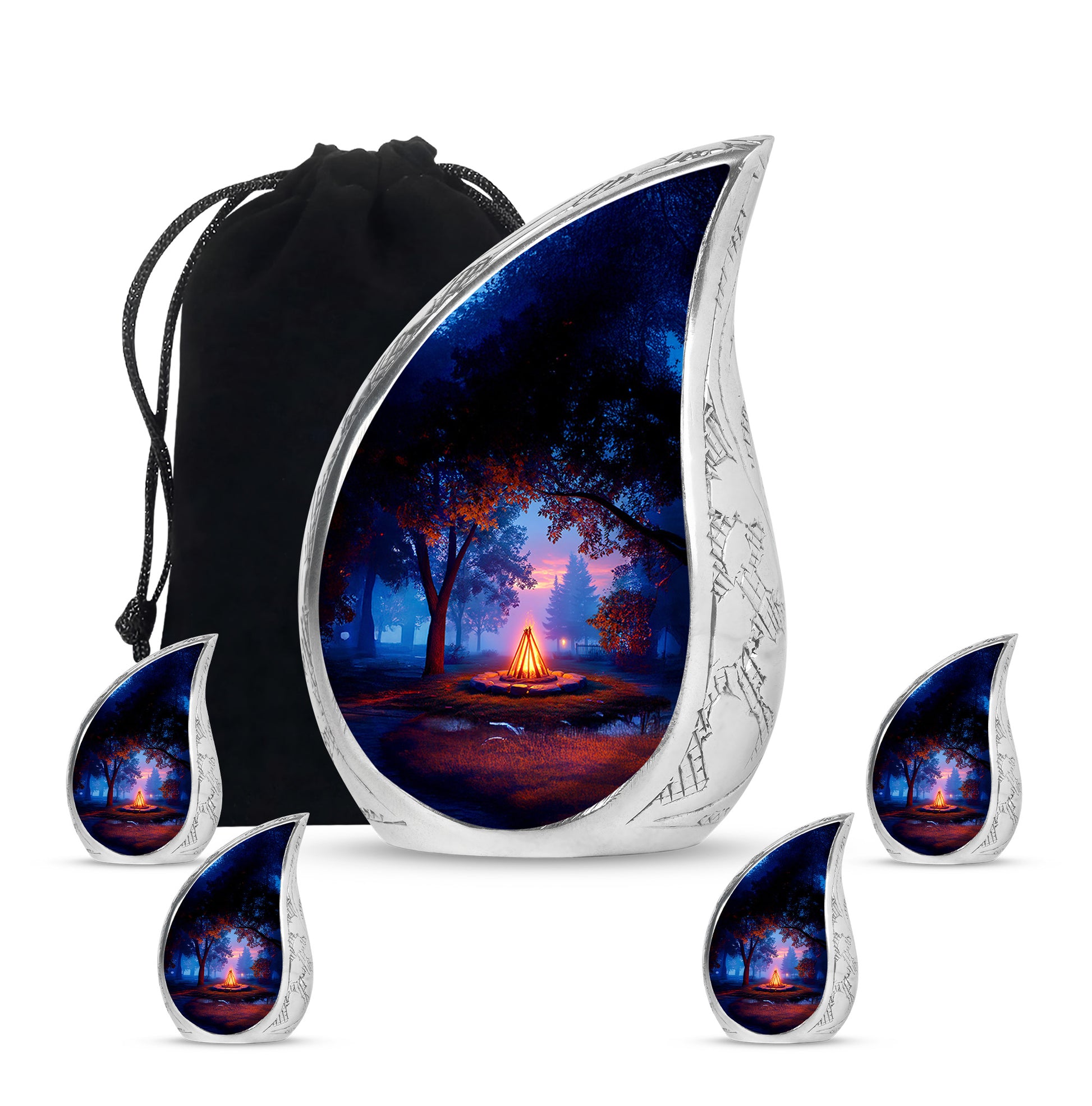 Rich Black Campfire Cremation Urn side profile showing urn shape - rounded teardrop campfire design with delicate detail - memorial set with one large and four small urns